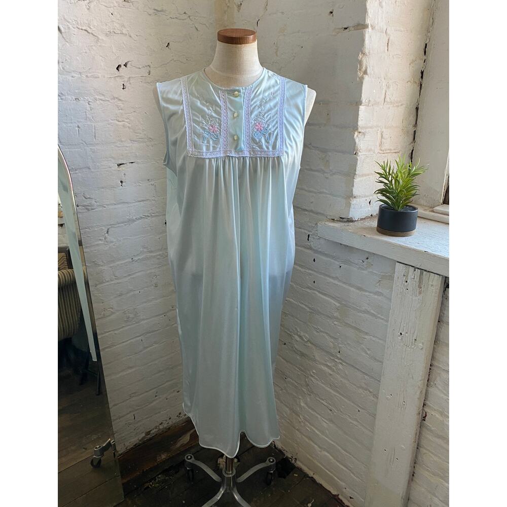 Vintage Mint Green Sleeveless Nightgown Lace Embroidered Floral Coquette Dress L